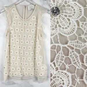 Phillip Lim 3.1 Silk Blend Jeweled Floral Crochet Blouse Top Cottagecore Dainty